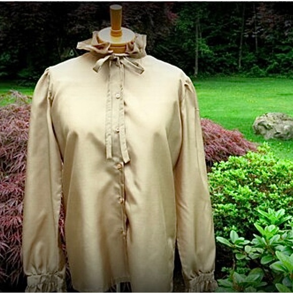Vintage 80's Ruffled Caramel Blouse, Sz M - Picture 1 of 16